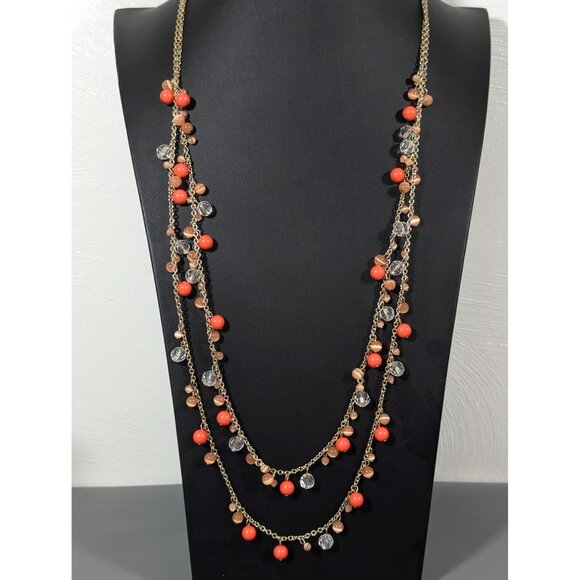 Banana Republic Orange Charm Bead Multi Chain Necklace Boho Coastal Chic 30" - Picture 1 of 9